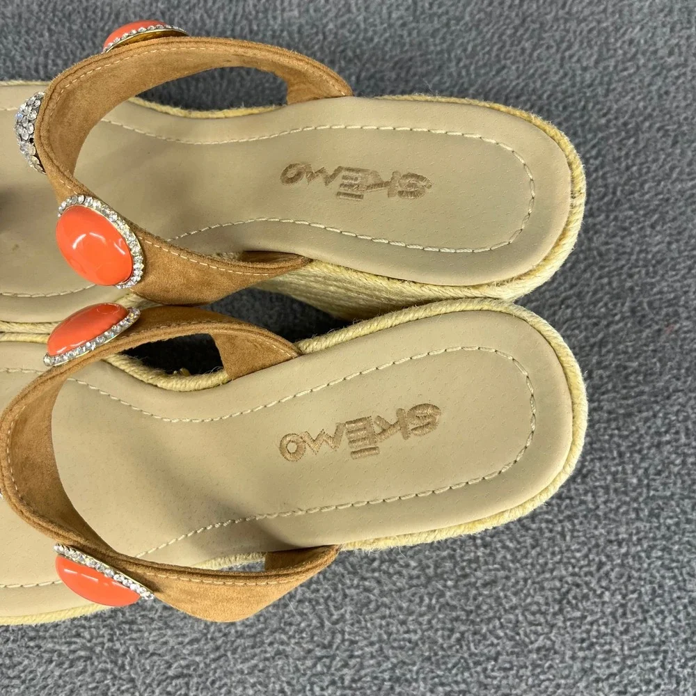 Skemo Wedge Sandals Womens 10‎ Tan Coral Embellished Espadrille Boho Rhinestone